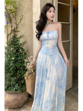 KYLETHOMASW  -  Holiday Beach Vintage Printed Backless Long Blue Dress Women Summer Spaghetti Strap Elegant Fairy Dress Evening Party Dresses