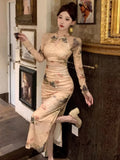 KYLETHOMASW  -  Dresses Women Fashion Sexy Floral Mesh Hollow Out Split Long Sleeve Vintage Temperament Elegant Party Dress Ladies Autumn