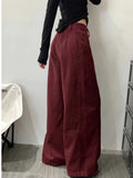 KYLETHOMASW  -  Female Solid Color Slim Casual Women Pants Autumn High Waist Loose Cargo Pants Red Simple Basic Fashion Pants Female Chicly