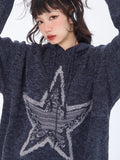 Kylethomasw Vintage Star Graphic Knitted Hoodie Loose Casual Long Sleeve Sweater Pullover for Women Autumn Harajuku Streetwear Tops