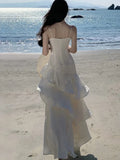KYLETHOMASW  -  Elegant Ruffles Birthday Party Womens Dresses Summer Irregular Spaghetti Strap Sleeveless Long Dress Slim Holiday Beach Vestidos