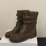 KYLETHOMASW  -  Fashion Design Narrow Band Lace-up Women Knee-High Boots Vintage Spring Autumn Round Toe Square Low Heels Shoes