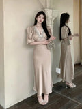 KYLETHOMASW  -  Summer Short Sleeve Lace Satin V-neck Sexy Maxi Dress French High end Elegant Waist Slimming Wrap Hip Evening Dress for Women