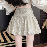 KYLETHOMASW  -  Spring Summer Sequin Bubble Mini Skirt High Waist Flowy A-Line Pleated Skirt Women's Trendy Glam Party Dress Youthful Chic