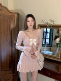 Kylethomasw Sweet Elegant Fashion Slim A-Line Dress Square Collar Pink Prom Gown Bow Flare Sleeve High Street One-Piece Frocks Preppy Style