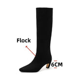 KYLETHOMASW  -   Women Knee High Boots Pointed Toe High Heel Long Western Boots Retro Quality Flock Women Knight Boots