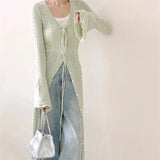 KYLETHOMASW  -  Spring Elegant Green V-Neck Long Knit Cardigan Women's Flared Sleeve Lace-Up Sweater Coat OL Crochet Hollow Out Outerwears 208A