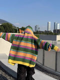 KYLETHOMASW  -  Women Retro Rainbow Striped Knitted Sweater Cardigan 2024 Color Blocked Casual Versatile Autumn Winter Hooded Jacket