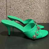 KYLETHOMASW  -  Summer Metal Buckle Strap Women's Sandals Round Toe Thin High Heels Breathable Female Pumps Peep Toe Slip-on Sexy Madam Slippers
