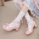 KYLETHOMASW  -  Women Lolita Pumps Round Toe Thick Mid Heels Cross Strap Buckle Bow Kawaii Ladies Fashion Cosplay Shoes Winter Beige 46