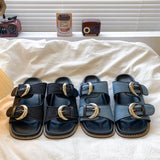 KYLETHOMASW  -  Black Soft Leather PU Flat Sandals Women Fashion Metal Buckle Slide Slippers Summer Light Non-Slip Beach Shoe Sandalias De Mujer