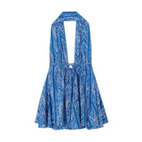 KYLETHOMASW  -  Sexy Women Halter V Collar Backless Mini Dress Women Holiday Blue Floral Lacing up Back Loose Dresses Femme Vestidos Summer Robe