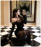 KYLETHOMASW  -  Black Patchwork Lace Sheer Sexy Ruffled Long Dress Women Elegant Chic Neck-mounted Dress Autumn Korean Bodycon Party Dress