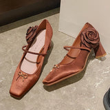 KYLETHOMASW  -  Novelty Side Flower Design Chunky Heel Pumps Women Elegant Sexy Bow Decoration Square Toe High Heels Black Mary Jane Shoes