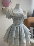 KYLETHOMASW  -  Vintage Lace Patchwork Square Collar Print Dress Women Y2k Aesthetic Puff Sleeve Fairy Dresses Kawaii Girl Ruffled Mini Vestidos