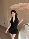 KYLETHOMASW  -  Sexy Halter Patchwork Lace Mini Dress Women 2025 Summer Sleeveless High Waist Folds Slim Fit Hip Evening Party Dresses
