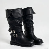 KYLETHOMASW  -  Retro Y2K Slouchy Knee High Boots Women Turn‑Down Folded Cuff Vintage Grey Moto Biker Boots Riding Boot Shoes