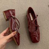 KYLETHOMASW  -  Medium Heeled Mary Jane Single Shoes   New Women Shoes Retro Thick Heeled Ballet Shoes Cross Buckle Shallow Soft Sole Shoe