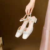 KYLETHOMASW  -  2025 Vintage Women Sandals Square Toe Thick Heels 3.5cm Buckle Strap Breathable Small Size 31 32 33 Sweet Daily Shoes