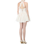 KYLETHOMASW  -  New Cream Pink Floral Halter Corset Mini Dress Lace Up Back Bow Tie Sweetheart Neck Ruffle Hem Lolita Fashion Dresses