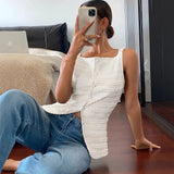 KYLETHOMASW  -  Elegant Women Solid T-Shirts Fashion Single Breasted Sexy Strap Sleeveless Button Tops Casual White Pleated Office Lady New Tees