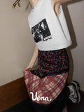 KYLETHOMASW  -  Autumn American Thin Skirt Vintage Plaid Floral Splicing Skirts for Woman A-line Skirt Harajuku Fashion Ropa De Mujer