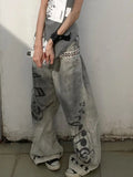 KYLETHOMASW  -  American Plus Size Graffiti Jeans Women Y2K Hot Girl Style Music Note Print Distressed Washed Blade Cut Streetwear Pants Trendy