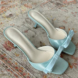 KYLETHOMASW  -  Buttefly Knot Shallow Slippers Sexy Square Toe Thin Heel Slip On Solid New Arrivals Fashion Women Modern Shoes