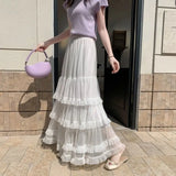 KYLETHOMASW  -  Long Skirts Mesh Ruffles Solid A-line Spring Summer Sweet Women Skirt Elegant Vintage High Waist Faldas Mujer