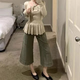 KYLETHOMASW  -  Daily Pockets Flare Calf Length Casual Pants Women Summer Vintage Luxury Low Waist Office Work Cropped Trousers Street Wear 954A