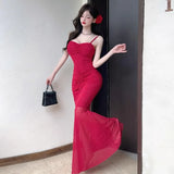 KYLETHOMASW  -  Women Dresses Sleeveless Mesh Patchwork Elegant Slash Neck Sexy Fashion Mermaid Dress Party Female French Style