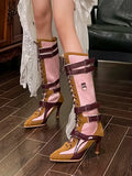 KYLETHOMASW  -  Retro Mixed Color Front Lace Up Modren Boots Autumn NEW Belt Buckle Strap Casual Boots Pointed Toe Mid Heel Sexy Lady Boots