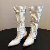 KYLETHOMASW  -  Women's Slouchy Knee High Boots Pointed Toe Buckle Straps Western Cowboy Style Chunky Heel Fashion Ruched Autumn/Winter Footwear