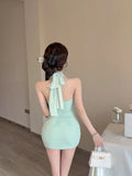 KYLETHOMASW  -  Sexy Halter Patchwork Lace Mini Dress Women 2025 Summer Sleeveless High Waist Folds Slim Fit Hip Evening Party Dresses