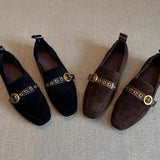 KYLETHOMASW  -  Fashion Metal Belt Buckle Design Loafers Woman Shoes Retro Suede Square Toe Flats Street Style Comfort Casual Shoe Zapatos Mujer