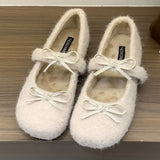 KYLETHOMASW  -  Elegant Purple Fluffy Warm Ballet Flats Women Fall Winter Bow Design Flat Loafers Comfortable Soft Sole Mary Jane Shoes
