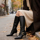 KYLETHOMASW  -  Fashion Style New Women Knee Stilettos Boots Sexy Boots Pointed Toe Party Shoes Ankle Big Buckle Strap Zipper Party