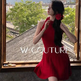 French Halter Neck Sleeveless Knitted Dress Summer Elegant Ruffle Slim Mini Dresses Women Solid Color A-Line Pleated Dress A026