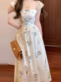 KYLETHOMASW  -  French Square Collar Flying Sleeve Floral Dress Women Summer New Patchwork A Line Dress High Waist Backless Temperament Vestidos
