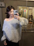 KYLETHOMASW  -  Lazy Halter Bow Round Neck Sweater Female Sueter Mujer Autumn Vintage Long-sleeved Pullovers Loose Thin Gentle Gray Top