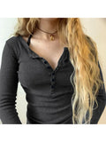 Kylethomasw Woman Long Sleeve Crochet Tight Bodycon Top Crop Solid Daily Color Top Button Retro T-Shirts Tops Tees Knit O-neck Classical Ins