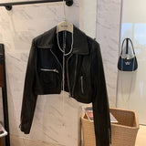 KYLETHOMASW  -  Vintage Cropped Pu Leather Jacket Women Streetwear Black Motorcycle Coat Fall Winter Long Sleeve Zipper Chic Outerwear New