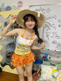 KYLETHOMASW  -  New Japanese Summer Orange Soda Print Strap Neck Sling Vest Vacation Style Splicing Fake Two-piece Top For Women