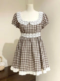 KYLETHOMASW  -  Japanese Sweet Vintage Black White Plaid Lace Doll Collar Ruffle Sleeve High Waist Mini Dress Petite Women Summer Party Wear