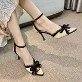 KYLETHOMASW  -  Sexy Lace Bowknot High Heels Women Pleated Designer Sandals Female Satin Pointed Toe Pumps Banquet Party Shoes Ladies