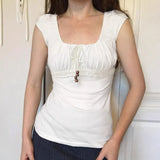 KYLETHOMASW  -  Drawstring square neck short sleeved T-shirt with women's lace patchwork design, high waist slim fit and slimming knit top