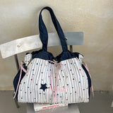 KYLETHOMASW  -  Women Denim Splicing Tote Bag Star Stripe Print Large Capacity Drawstring Shoulder Bag Casual Sweet Daily Shopping Handbag Purse