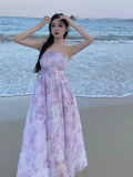 KYLETHOMASW  -  Women Summer Floral Print Sexy Off Shoulder Backless Elegant Party Dresses High Waist Lace-up Sleeveless Slim Beach Maxi Dress