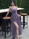 KYLETHOMASW  -  Korean Sweet Fairycore Long Dresses for Women Elegant Spaghetti Strap Ruffles Princess Party Dress Summer Slim Waist Vestidos