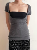 KYLETHOMASW  -  Fake two square neckline slimming short sleeved T-shirt with spicy girl temperament, backless and waist cinching bottom top